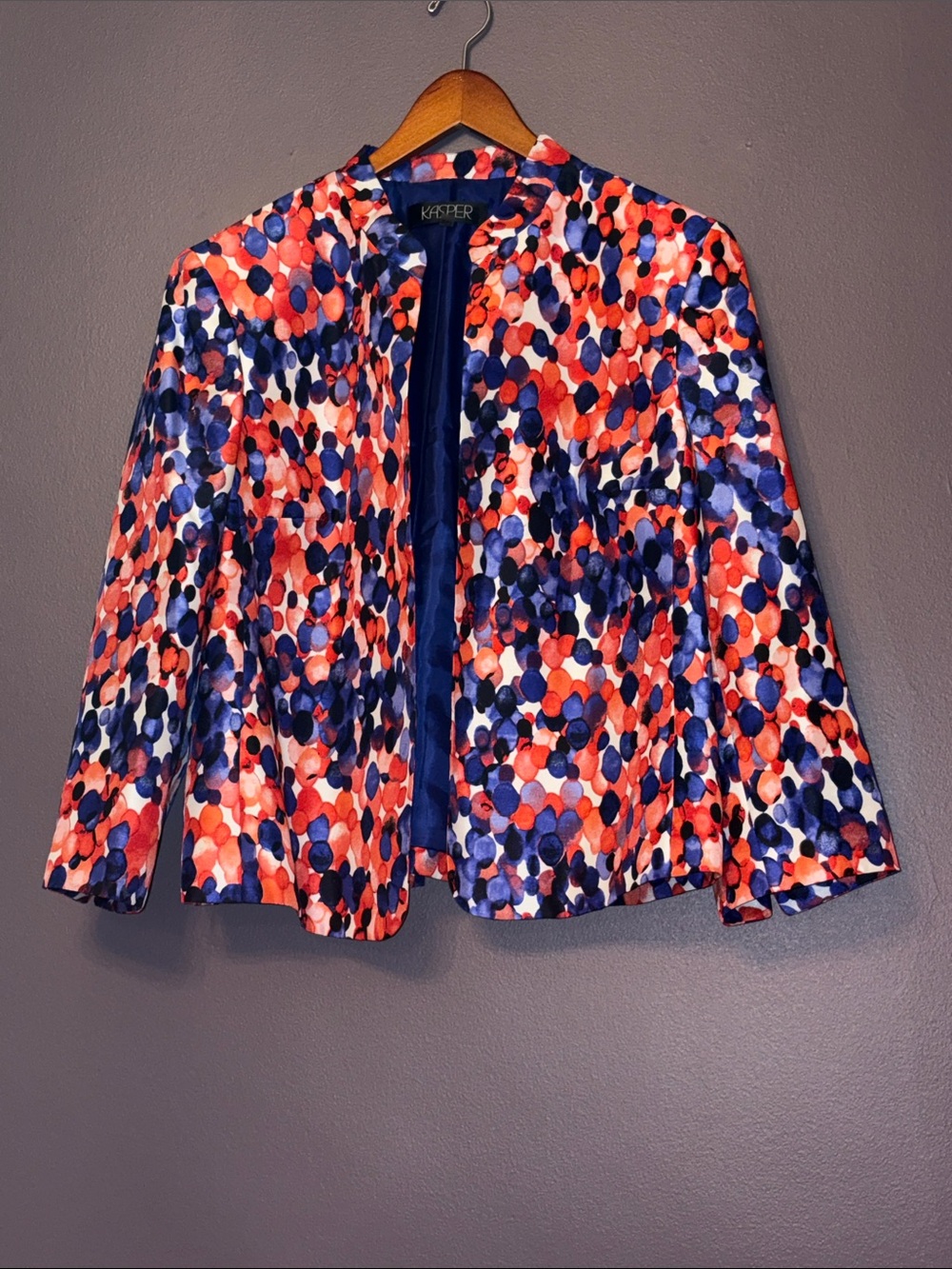 Kasper Coral, Navy & White Polka Dot Open Jacket Size 14
